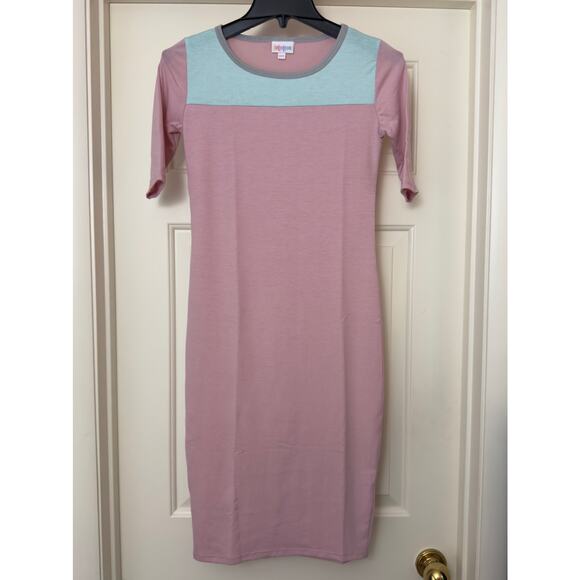 LuLaRoe Julia Dress Womens XXS Pink Blue Colorblock Stretch Knee Length USA - Picture 3 of 12
